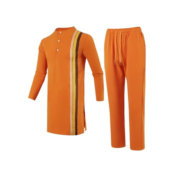 African Formal Dashiki Vibrant Orange Shirt & Pant Suit Traditional Dress Outfit - Picture 3 of 9